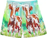 [RPLIFE] Swim Shorts for Boys, Anti Chafe Swim Trunks for Boys 2 T, Cute Brown White Cow Field