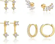 [Lyvixora] Earring Stack - 4 Pairs 14K Gold Stud Earrings for Women, Dainty Hoop Stud Earrings Stacks, Hypoallergenic Flat Back Cartilage Hoops for Multiple Piercing (Gold)​
