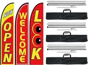 VEVOR Open Flags with Pole Kit, Advertising Flags for Business Outside, Advertising Feather Flag Kit, 3 Flags (Open, Look, Welcome), 3 Poles, 3 Ground Stakes, Swooper Flags for Businesses 16.3 FT