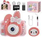 Skirfy Kids Digital Camera for 3-12 Years Old, Pink, 32GB SD Card, Cute Silicone Cover, Photography & Video Recording, Birthday Gifts