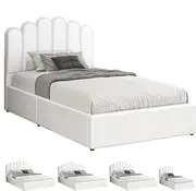 ALFORDSON Bed Frame with Gas Lift Storage Base Single Size, Bed Platform Foundation with PU Leather Upholstered Tufted Headboard for Mattress Topper, Milton White