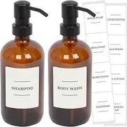 2X Glass Soap Dispensers with Labels - 500ml - Amber - Bathroom Kitchen Shampoo Shower Gel Liquid Hand Wash Foam Pump Bottle - by Harbour Housewares