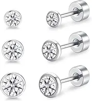 [FACOKO] Flat Back Earrings for Women, Titanium Crystal Stud Earrings, Screw Back Design, 3/4/5mm Clear Stones, 3Pairs Flatback Studs for Multiple Piercings, 3/4/5mm, Titanium Crystal, crystal