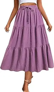 [SEAFORM] Women's Polka Dot Midi Skirts Flowy High Waisted Skirts Elastic Casual Skirts for Women with Decoration Drawstring