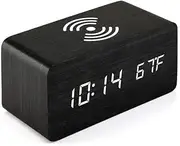 Multifunctional LED Digital Alarm Clock, Desktop Charging Clock Supports Wireless Charging Digital Wooden Clock with Temperature Display (Black Wood)