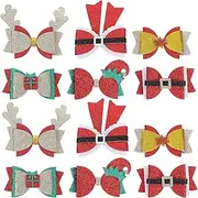 [LUOZZY] 12pcs Christmas Hair Clips Glitter Bowknots on Felt Base Multiple Festive Designs Including Elf Hats Ideal for Parties and Gifts Suitable Girls Women Teens