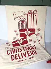 Set of 2 HUGE Christmas Canvas Fabric Santa Sacks 31" x 21" Drawstring Gift Bags