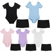 Kids Girls Short Sleeve Ballet Dance Leotard Gymnastics Unitard with Shorts Sets