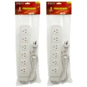 2x Doss White 6-Way 2400WPowerboard 1m 6 Outlet Power Cord w/Overload Protection