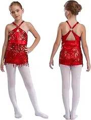 [Linjinx] Kids Girls Rumba Samba Cha Cha Dance Dress Latin Jazz Tassel Leotard Dress Dancewear