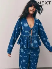 Dark Blue Floral Printed Tie Front Denim 100% Cotton Blouse (AL0794) | $34