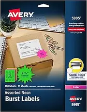 Avery Neon Address Labels with Sure Feed for Laser Printers, 2-1/4", Assorted Colors, 180 Burst Labels (5995)