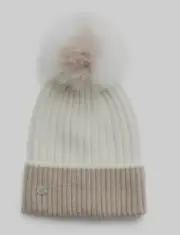 SOIA & KYO Ciel Rib-knit Beanie Hat- Detachable Feather Pom Pom - Ivory / tan