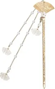 Vintage Folding Fan Hairpin with Tassels - Elegant Chinese Hanfu Hair Accessories for Women, Gold-Plated Step Shake Hair Stick with Pearls for Weddings and Dance