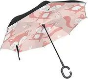 Double Layer Inverted Umbrella Cars Reverse Umbrella Cute Fox Cartoon Windproof UV Proof Travel Outdoor Umbrella