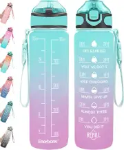 32 Oz Water Bottle with Times to Drink and Straw, Motivational With Strap Gym