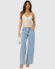 EDIKTED Womens Sheer Lace Open Back Tank Top CREAM