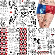 TASROI 5 Sheets Harley Quinn Tattoo Stickers For Women Men Adults, Fake Joker Harley Quinn Tattoos Suicide Squad Birds of Prey Temporary Tattoos Halloween Face Makeup, Harley Quinn Costume Accessories