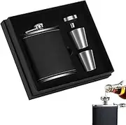 Stainless Steel Hip Flask Set, Stainless Steel Whiskey Bottle, Stainless Steel Hip Flask for Spirits, 8 Oz.227 ml Cup Holder Made of Leather, Hip Flask Stainless Steel with Two Shot Glasses and