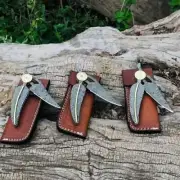 Damascus steel Folding Pocket Knife Lot 3 Damascus Brass Handle Handle Sheath