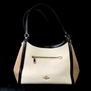 Coach Pebbled Leather Kristy Shoulder Bag Purse Satchel Black Chalk Taupe - NEW