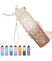 HYETA 32 oz Water Bottles w/ Times to Drink and Straw, Motivational bottle BROWN