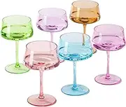 Colored Coupe Glasses Set of 6-13 oz Hand Blown Crystal Cocktail Glasses - Versatile Tall Cocktail Glasses-Art Deco Cocktail Glasses Set for Pisco Sour, Espresso Martini,Mixed Drinks (Multicolor)