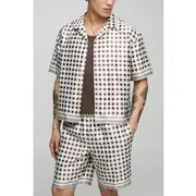 Mens Stone Oversized Boxy Short Sleeve Check Satin Shirt & Short Set