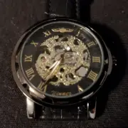 Winner Fashion Men's Black/Gold Skeleton Wrist Watch w/ Leather Band: H001M
