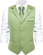 [HEYDHSDC] Men Solid Black V-Neck Vest With Tie Tuxedo Dress Waistcoat Adjustable Casual Business Vests Md-3394-N-3403 Xl