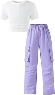 [Hilinker] Girls 2 Piece Outfits Ruched Short Sleeve Crop Top and Cargo Pants Cute Clothes Sets
