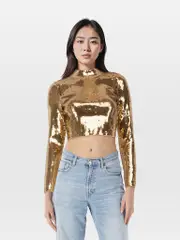 Gold Sequin Long Sleeve Cropped Top
