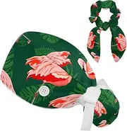 [FVQL] Scrub Caps Women, 2 Pieces Nurse Cap with Hair Scrunchies, Flamingo Pattern Leaf Monstera