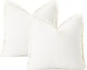 Pack of 2 White Decorative Pillow Covers 50x50cm Soft Cotton Couch Throw Pillows Farmhouse Cushion Covers with Fringe Hem for Sofa Bedroom Living Room Home Decor