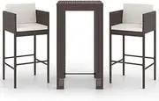 vidaXL 3-Piece Outdoor Bar Set - Weather-Resistant Poly Rattan, Brown Patio Furniture with Cushions and Footrests for Garden, Deck, Patio