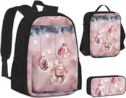 [ERCgad] Red Christmas Ball Print Canvas 3-In-1 School Bags Set Backpack Lunch Bag Pencil Case Combo For Men Women, Black, One Size