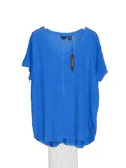 TAHARI Blue 100% Linen V-Neck Short Sleeve Hi-Low Hem Tunic Top Size 2X NWT