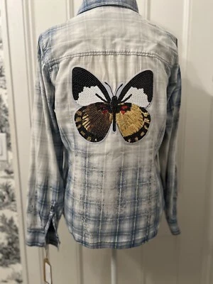 Vintage Womens Plaid Cotton Shirt With Butterfly Sequin Detail Sissy Gypsy Large