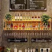 Metal Bar Shelves Wine Rack Wall Mounted with Hanging Wine Glass Rack and Led Light for Liquor Bottle Display Shelf Racks Countertop Floating Bar Bar Cabinet for Home Bar Ckitchen