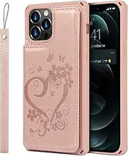 [Cavor] for iPhone 12, iPhone 12 Pro Wallet Case PU Leather TPU Back Cover Flip Magnetic Clasp Heart Flower Butterfly Shockproof Cases Lanyard Card Slots Holder Kickstand-Heart Flower Rose