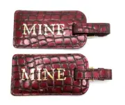 MINE Luggage Tag Set of Two Patent Leather ID Window Gift Box New Burgundy
