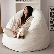 N&V Large Shell Bean Bag Chair, Adult Size Bean Bag Sack, Foam Filling, Includes Removable and Machine Washable Cover, 40in, Soft Faux Fur, White