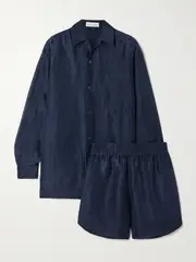 [Olivia von Halle] Olivia von Halle - Kick Linen And Silk-blend Pajama Set - Navy - small small Blue