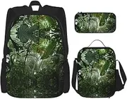 [StOlmx] 3 Pcs Set Backpack,Waterproof Bookbag, Insulated Lunch Bag & Pencil Case Pouch, Travel,Hiking,Tropical Palm Tree Print, Tropical Rainforest, One Size