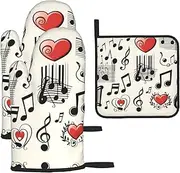 Music Symbols Love Oven Mitts and Potholders BBQ Gloves and Holders for Cooking Baking (3-Piece Set)