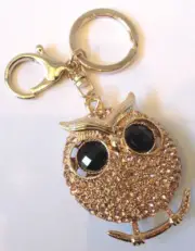Rhinestone Bing Gold-Tone Hoot Owl Key Chain Fob Purse Charm