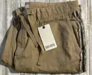 NWT Zara Basic Z1975 Denim 100% Cotton Khaki Crop Pants Side Seam Fringe Size 14