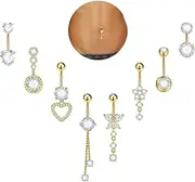 [Kenivira] Pack of 8 Belly Button Piercings, Surgical Steel, Gold, Silver, Hypoallergenic, Belly Button Piercing Set, Long Butterfly Piercing Jewellery for Women