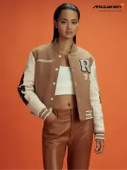 Reiss x McLaren F1 Team Camel/Ecru McLaren F1 Leather Varsity Jacket (181851) | $2,100