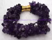4 Rows 5-8mm Purple Amethyst Gems Irregular Beads & White Pearl Bracelet 7.5 in